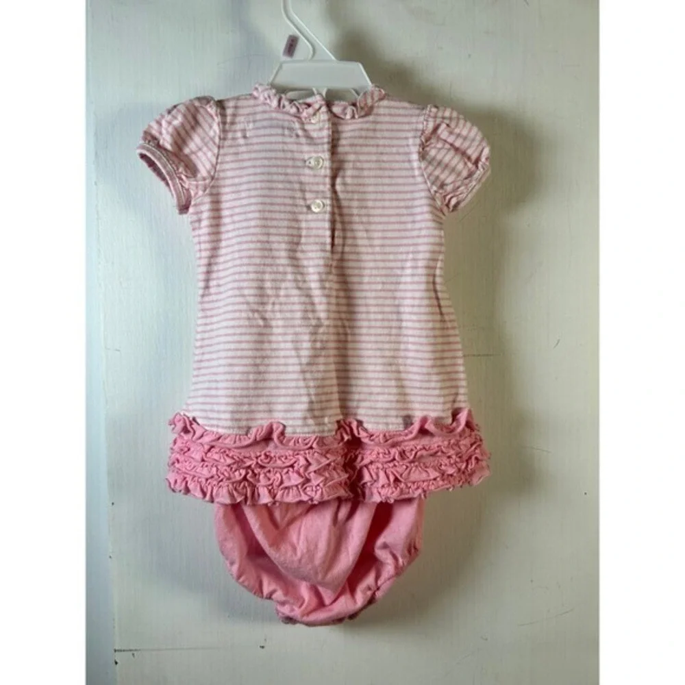 Ralph Lauren Dress Set Baby‎ Girl 3M Pink Stripe Ruffle Excellent Pony Logo
